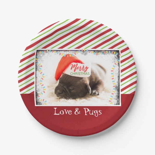 Cute Puppy Pug in a Red Santa Hat Christmas Paper Plate (Front)