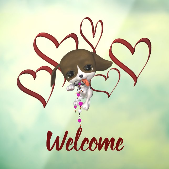 Cute Puppy Red Hearts Welcome Window Cling (Sheet 3)