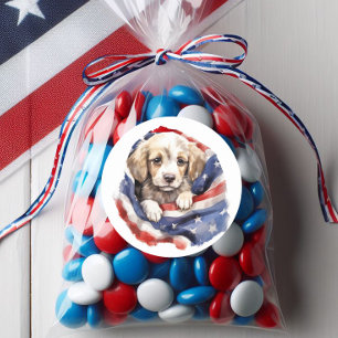Cute Puppy Red White Blue American Flag  Classic Round Sticker