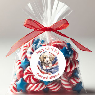 Cute Puppy Red White Blue American Flag Happy 4th  Classic Round Sticker