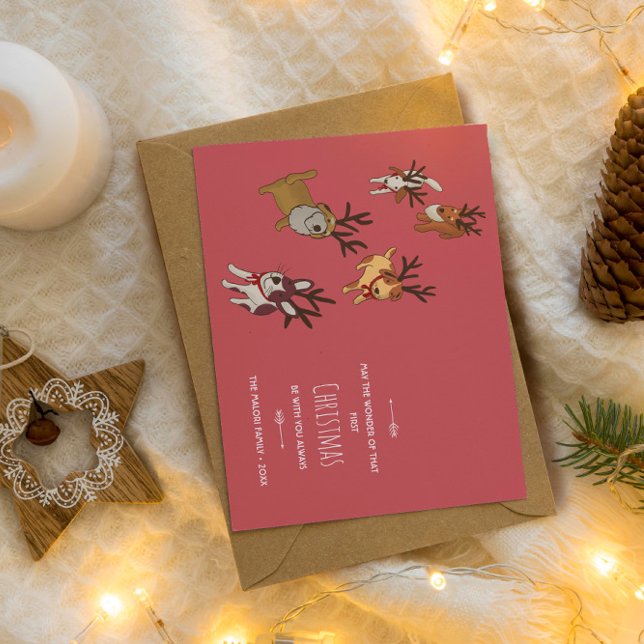 Cute Puppy Reindeer Baby’s First Christmas Holiday Card (Creator Uploaded)