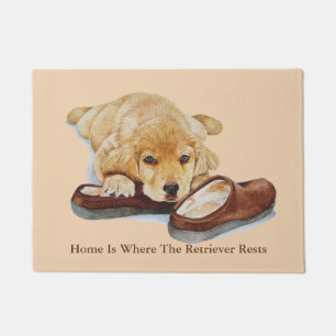 cute puppy retriever cuddling slippers sad dog doormat