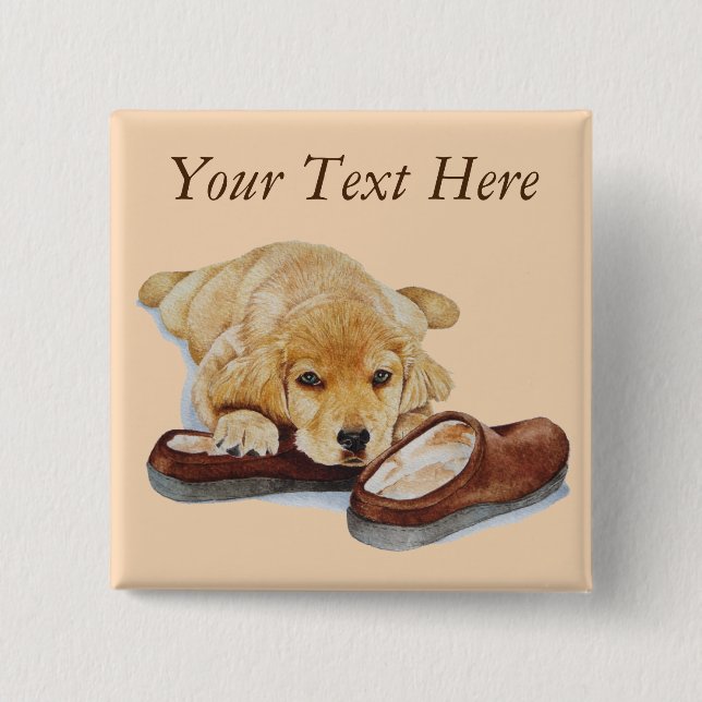 cute puppy retriever dog cuddling slippers 15 cm square badge (Front)