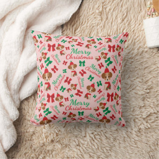 Cute Puppy Ribbons Merry Christmas Pink Girl Gift Cushion