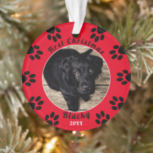 Cute Puppy`s First Christmas Paw Print Dog Photo Ornament