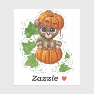 Cute puppy sits on a big pumpkin and guards for Ha