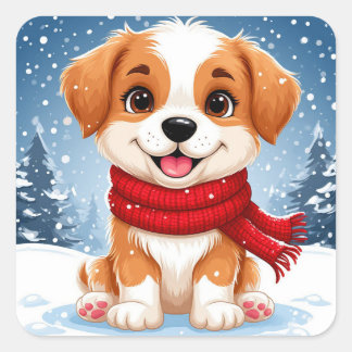 Cute Puppy Sitting In Snowy Winter Landscape Square Sticker