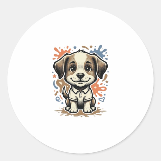 Cute Puppy Splash Engraving Vector Design_1 Classic Round Sticker (Front)