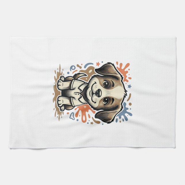 Cute Puppy Splash Engraving Vector Design_1 Tea Towel (Horizontal)