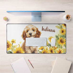 Cute Puppy Sunflowers Watercolor Desk Mat