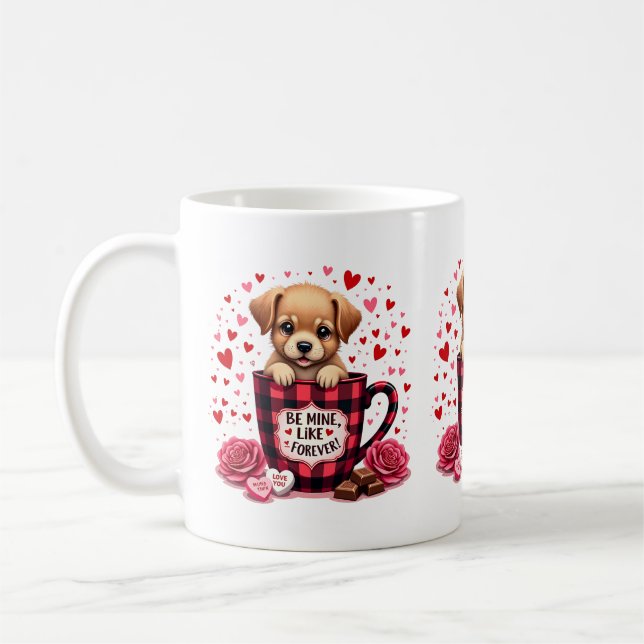 Cute Puppy Valentine Buffalo Plaid Aesthetic Mug (Left)