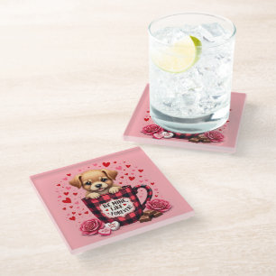 Cute Puppy Valentine Buffalo Plaid Aesthetic Mug Glass Coaster