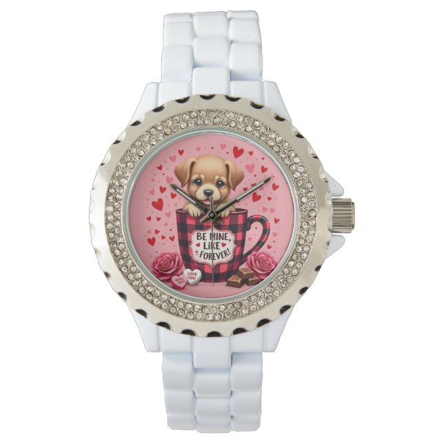 Cute Puppy Valentine Buffalo Plaid Aesthetic Mug Watch (Front)