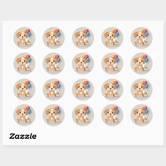 Cute Puppy w Balloons, 2nd Birthday  Classic Round Sticker (Sheet)