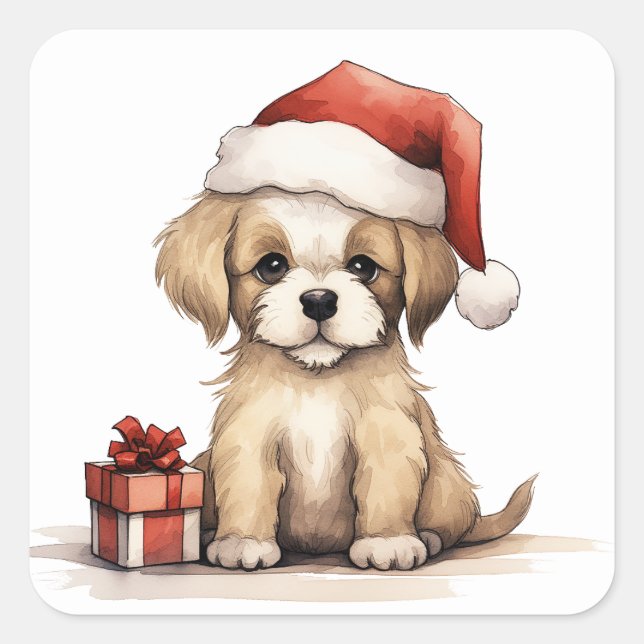 Cute Puppy Wearing a Santa Hat Christmas Square Sticker (Front)