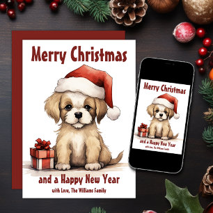 Cute Puppy Wearing a Santa Hat Dog Christmas Holiday Card
