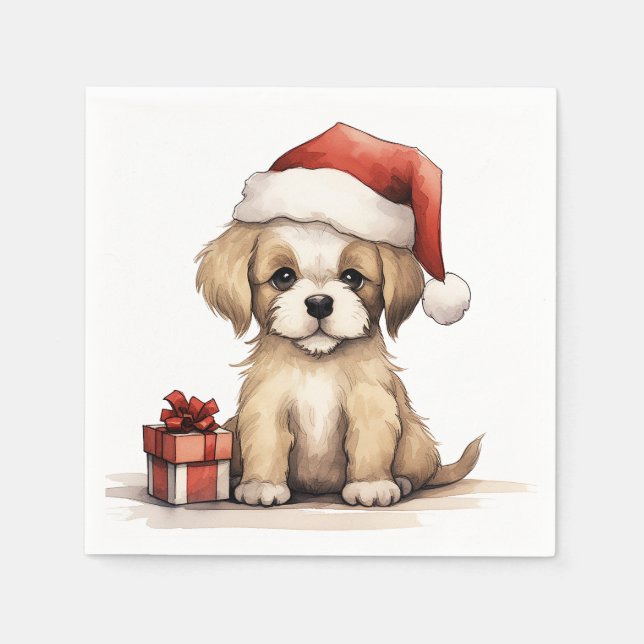 Cute Puppy Wearing a Santa Hat Dog Christmas Napkin (Front)