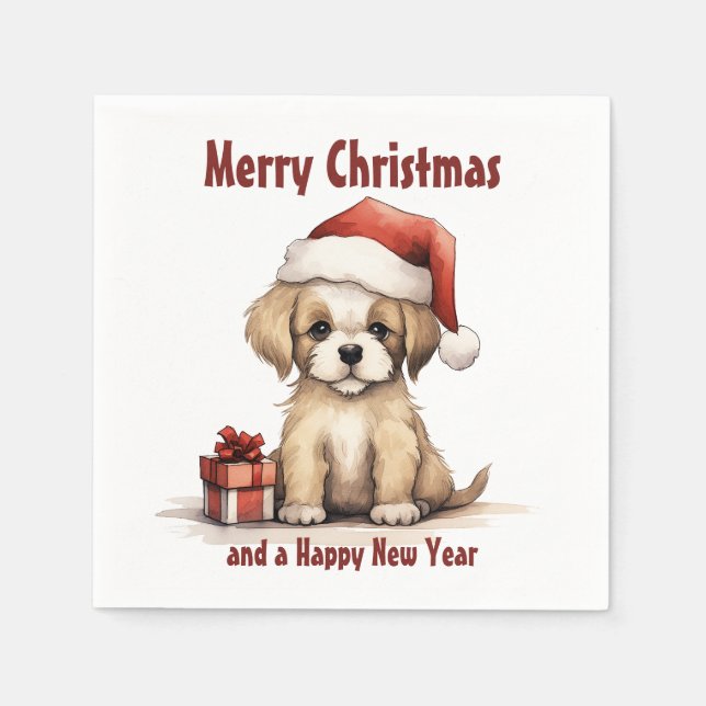 Cute Puppy Wearing a Santa Hat Dog Merry Christmas Napkin (Front)