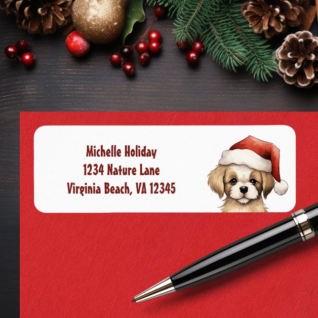 Cute Puppy Wearing Santa Hat Dog Christmas Address (Cute Puppy Wearing Santa Hat Dog Christmas Address Label)