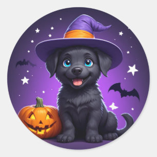 Cute Puppy Witch Hat Halloween 🐶 Classic Round Sticker
