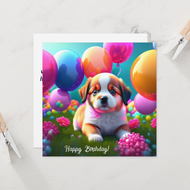 Cute puppy with balloons - birthday  (Front/Back In Situ)