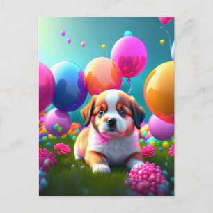 Cute puppy with balloons - birthday invitation postcard
