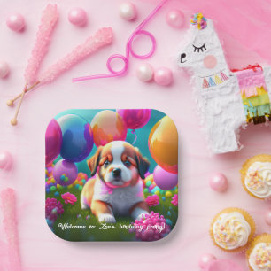 Cute puppy with balloons - birthday  paper plate