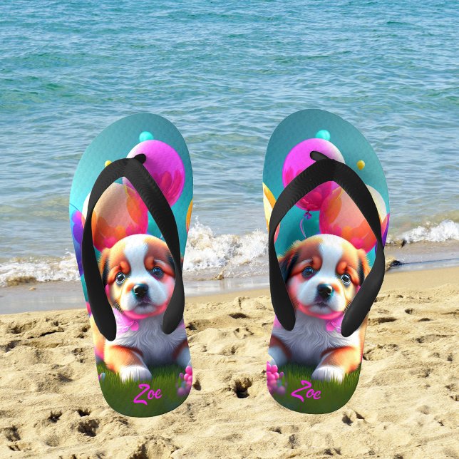 Cute puppy with balloons - cute kids  kid's flip flops (Creator Uploaded)