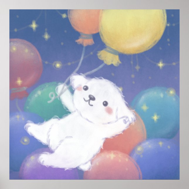Cute Puppy with Balloons & Stars Poster (Front)