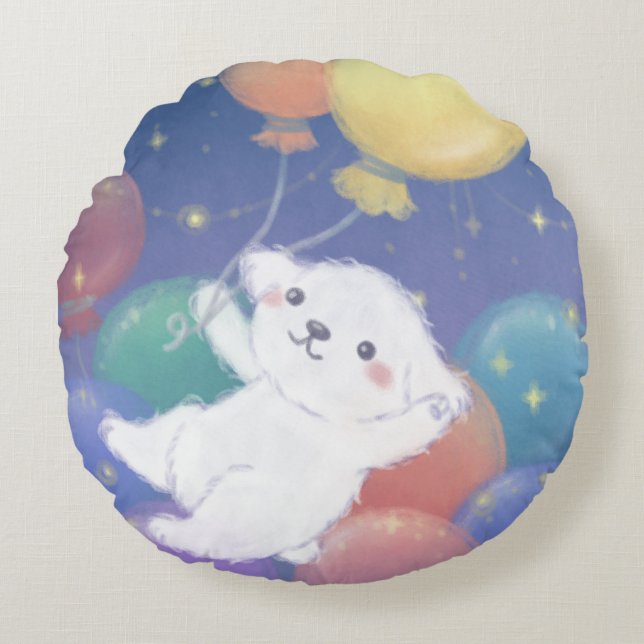 Cute Puppy with Balloons & Stars Round Cushion (Front)