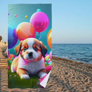 Cute puppy with balloons - sweet beach towel