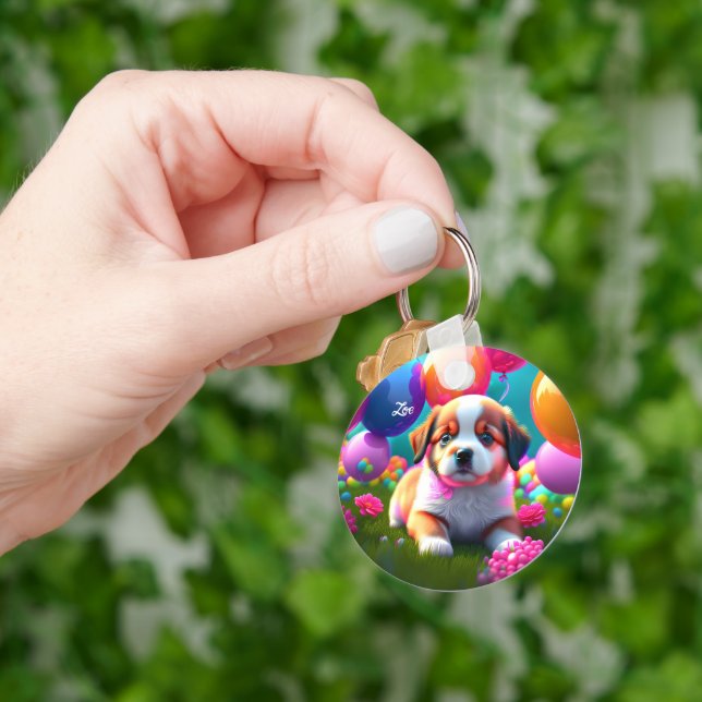 Cute puppy with balloons - sweet  key ring (Hand)