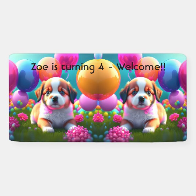 Cute puppy with balloons - sweet Kids Birthday  Banner (Horizontal)