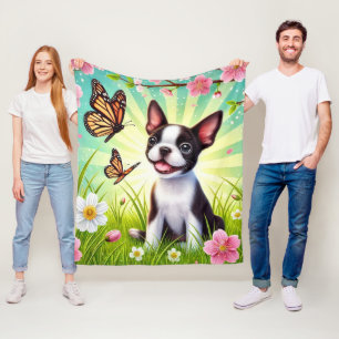 Cute Puppy with Blossoms and Butterflies Fleece Blanket