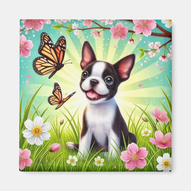 Cute Puppy with Blossoms and Butterflies Magnet (Front)