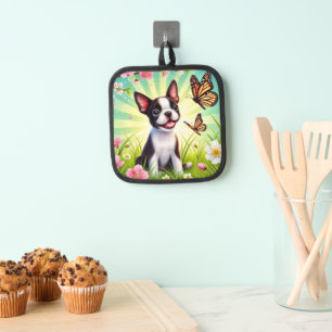 Cute Puppy with Blossoms and Butterflies Pot Holder
