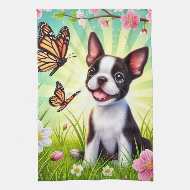 Cute Puppy with Blossoms and Butterflies Tea Towel (Vertical)