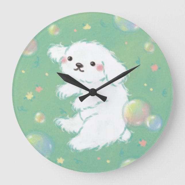 Cute Puppy with Bubbles and Flowers Large Clock (Front)