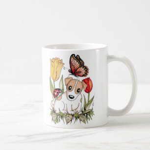 Cute Puppy with Butterfly, Ladybug and Tulips Coffee Mug