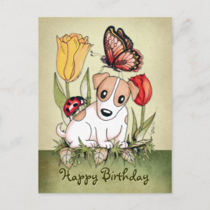Cute Puppy with Butterfly, Ladybug and Tulips Postcard