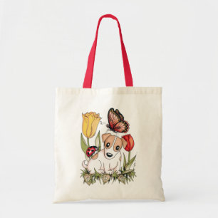 Cute Puppy with Butterfly, Ladybug and Tulips Tote Bag