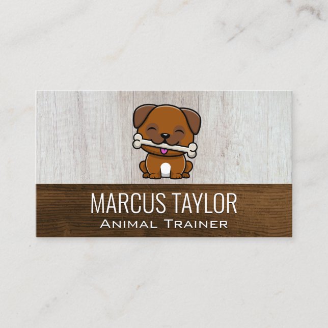 Cute Puppy with Dog Bone | Wood Background Business Card (Front)