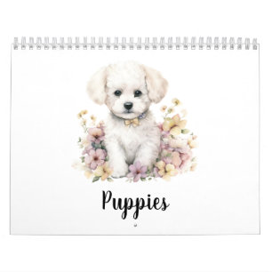 Cute Puppy with Flower Watercolor Calendar