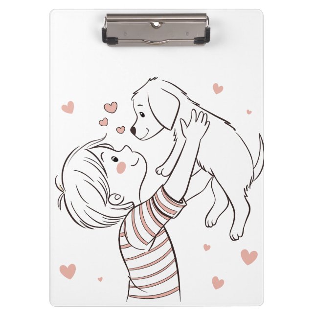 Cute Puppy with Happy Kid Cartoon Clipboard (Front)