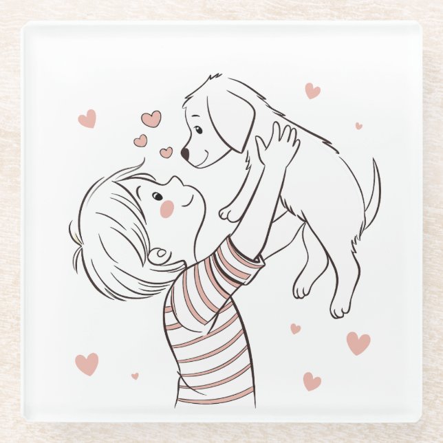 Cute Puppy with Happy Kid Cartoon Glass Coaster (Front)