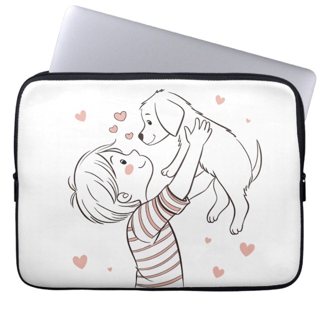 Cute Puppy with Happy Kid Cartoon Laptop Sleeve (Front)