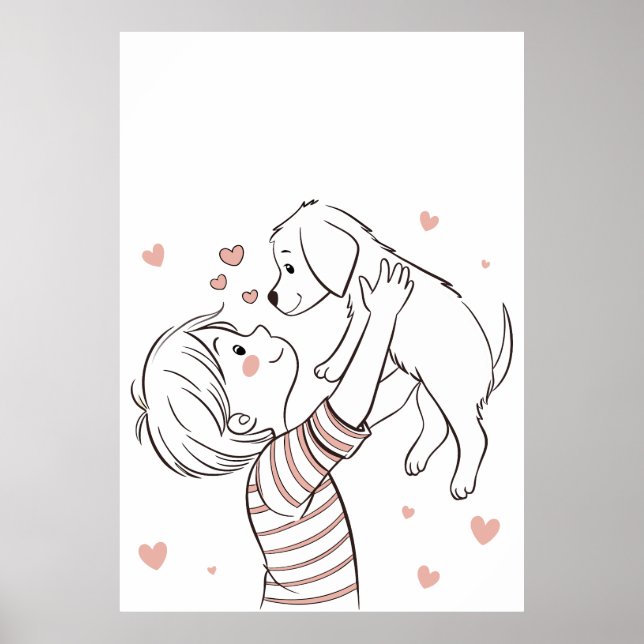 Cute Puppy with Happy Kid Cartoon Poster (Front)