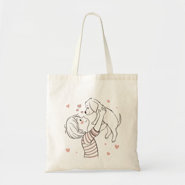 Cute Puppy with Happy Kid Cartoon Tote Bag (Front)