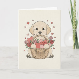 Cute Puppy with Heart and Rose Basket illustration Card