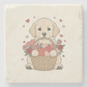 Cute Puppy with Heart and Rose Basket illustration Stone Coaster